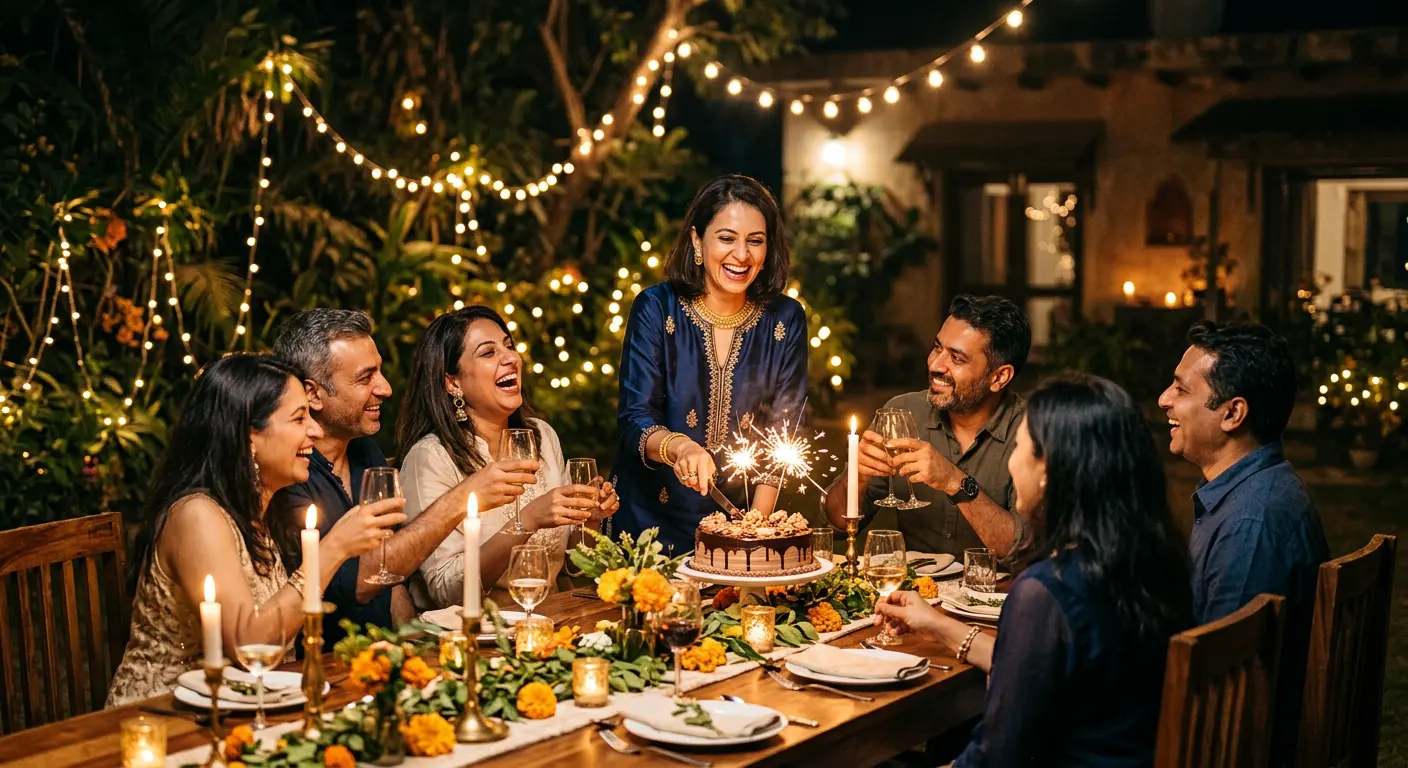 Friends laughing around a candlelit garden dinner table