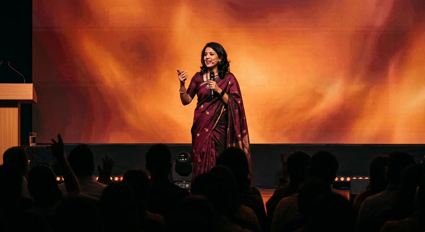A speaker presenting on a warmly lit conference stage to a full audience