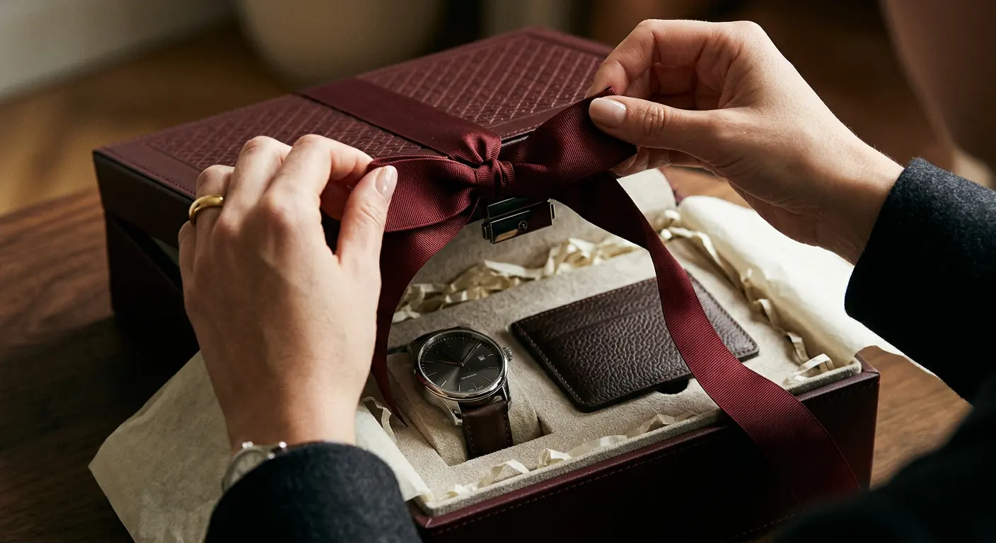 An embossed executive gift box being opened