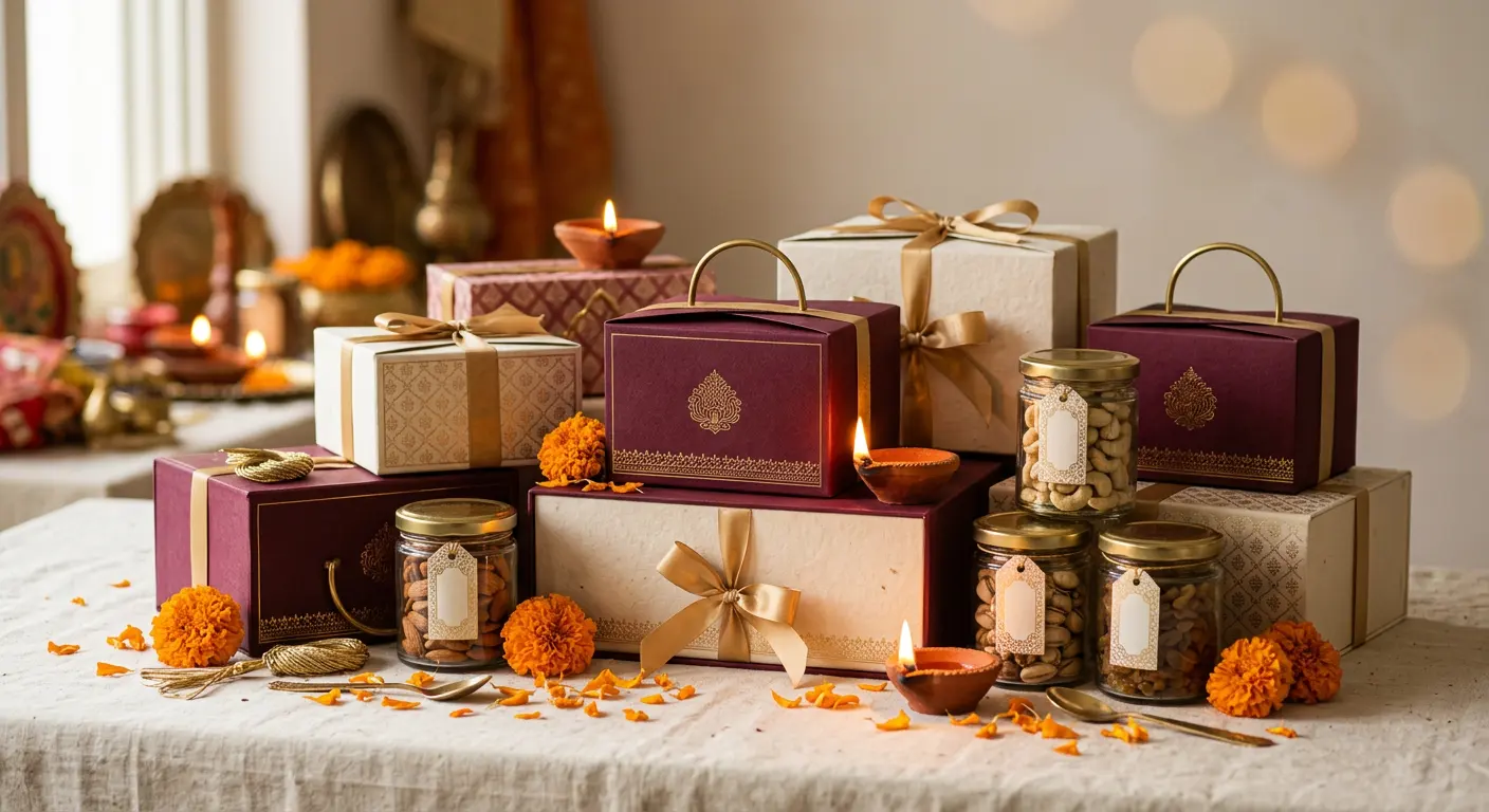 Festive gift boxes stacked beside lit diyas and marigold petals