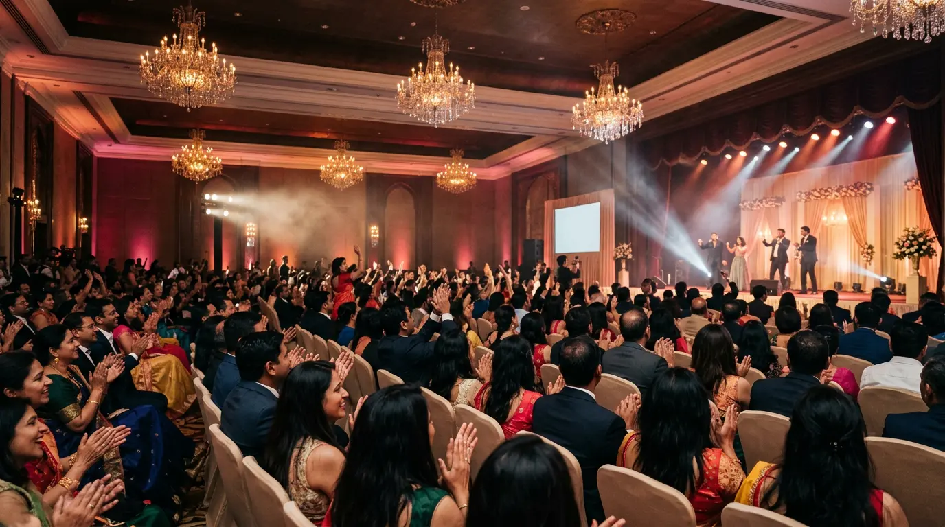 A ballroom of guests applauding toward a lit stage beneath chandeliers