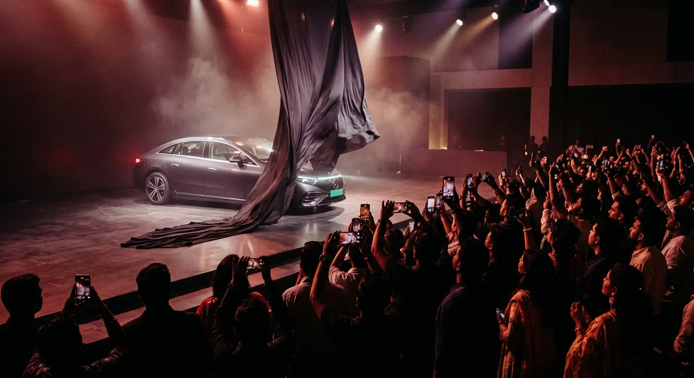 A car revealed under dramatic spotlights as guests raise their phones