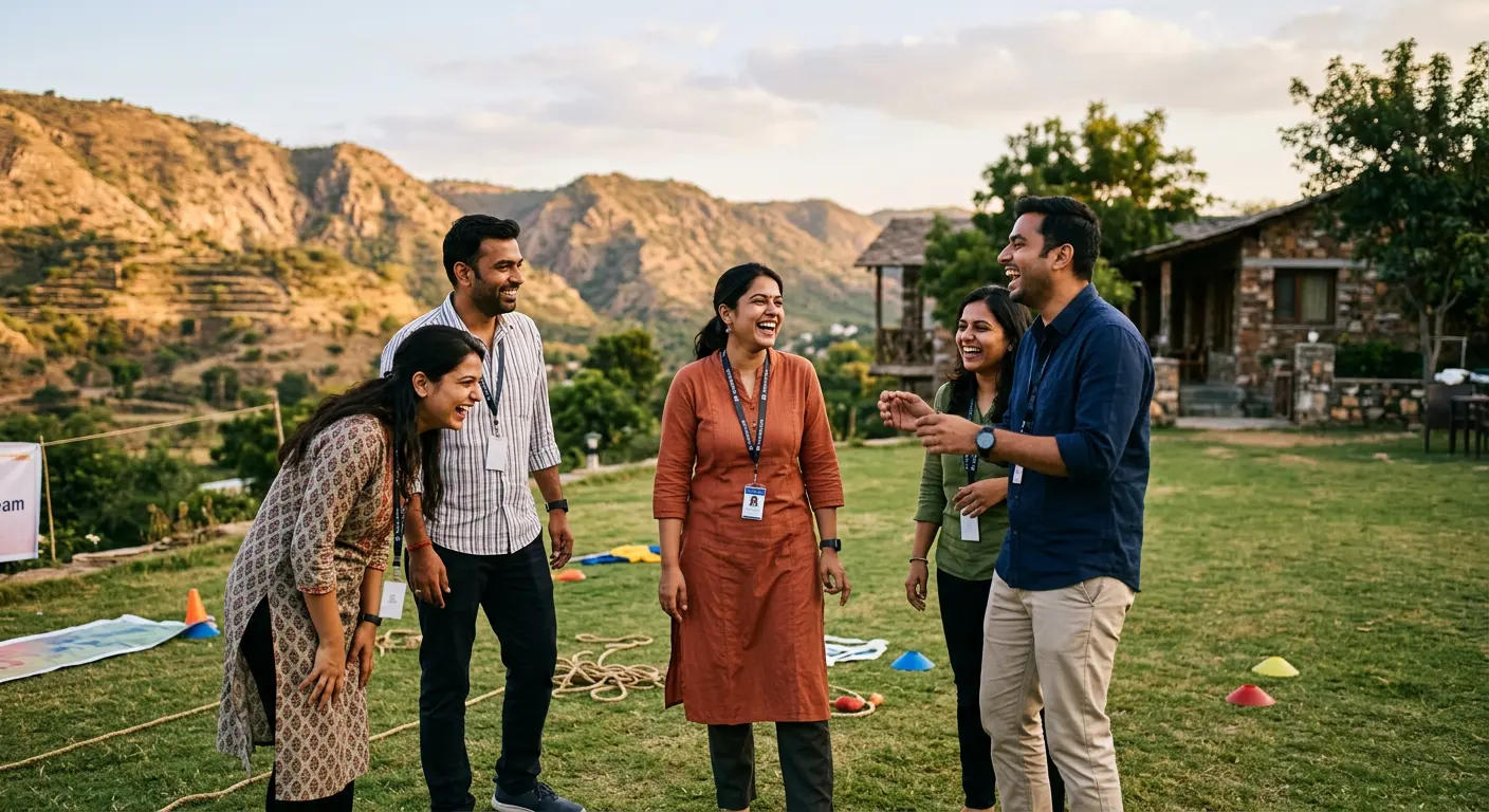 Colleagues laughing on a hillside lawn at golden hour